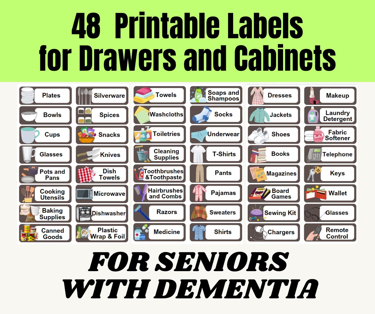 48 Printable Dementia-Friendly Closet & Cabinet Labels, Easy-to-Read Home Organization for Seniors, Memory Loss, Senior Friendly Home Label