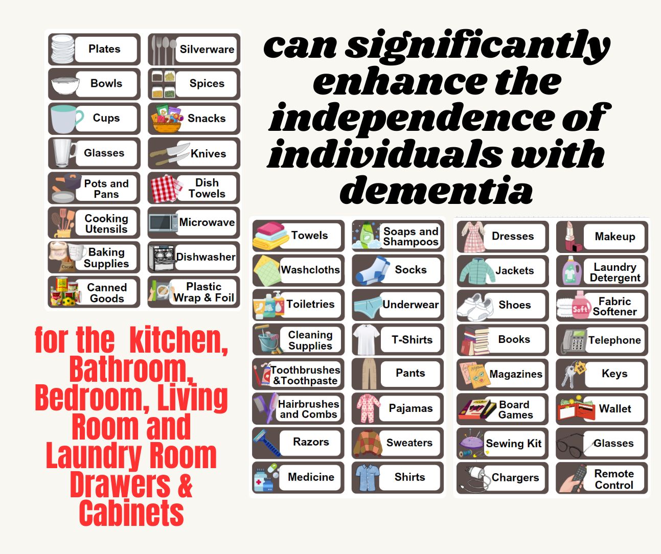 48 Printable Dementia-Friendly Closet & Cabinet Labels, Easy-to-Read Home Organization for Seniors, Memory Loss, Senior Friendly Home Label