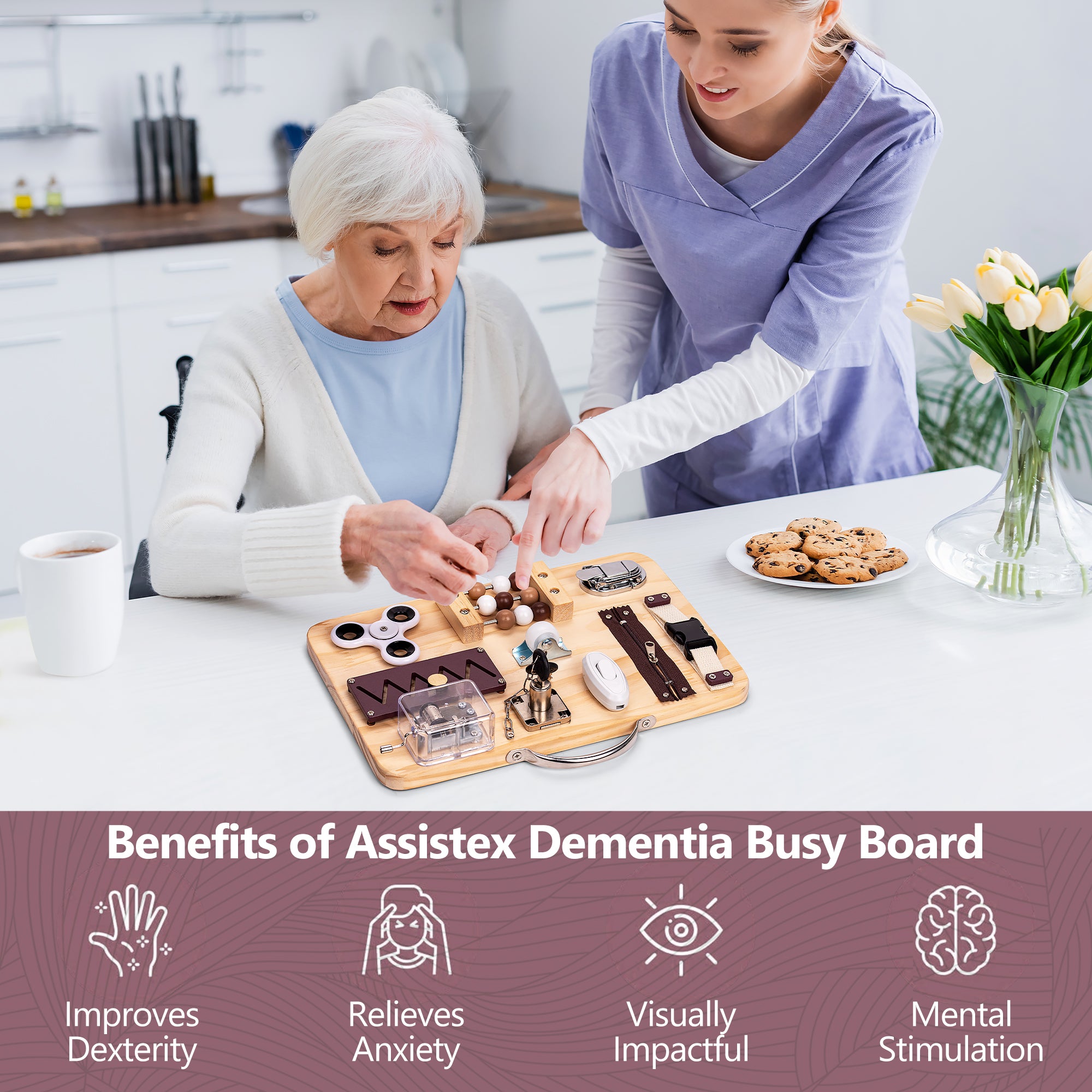 caregiver offering dementia patient calming fidget tool