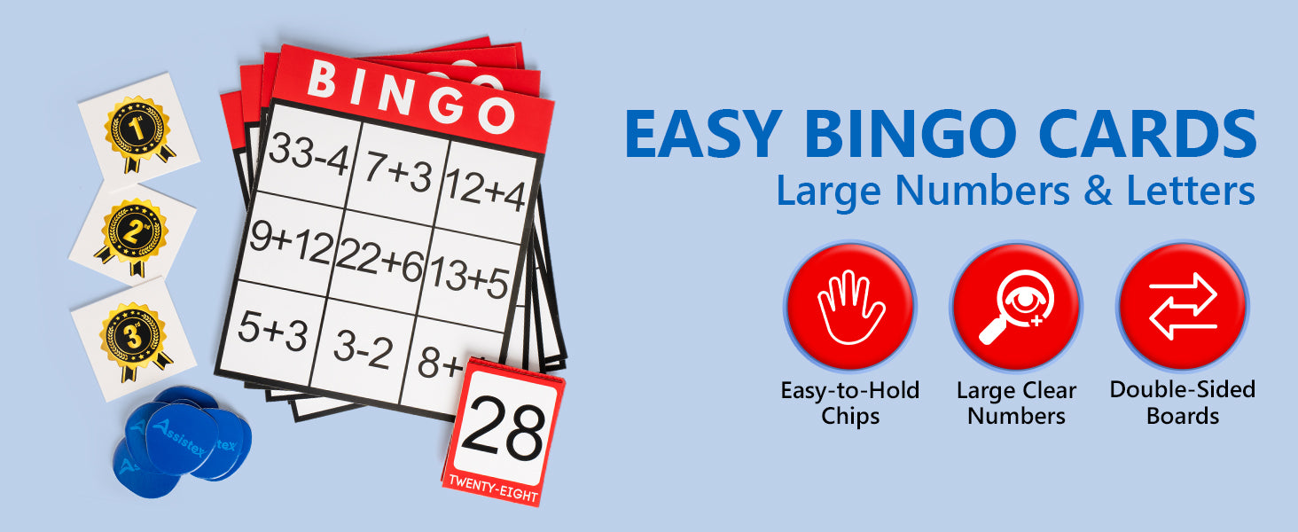 Assistex Large Text Bingo Games for Seniors – 11 Double Sided Board Games for Dementia Patients – Easy to Hold Alzheimer&