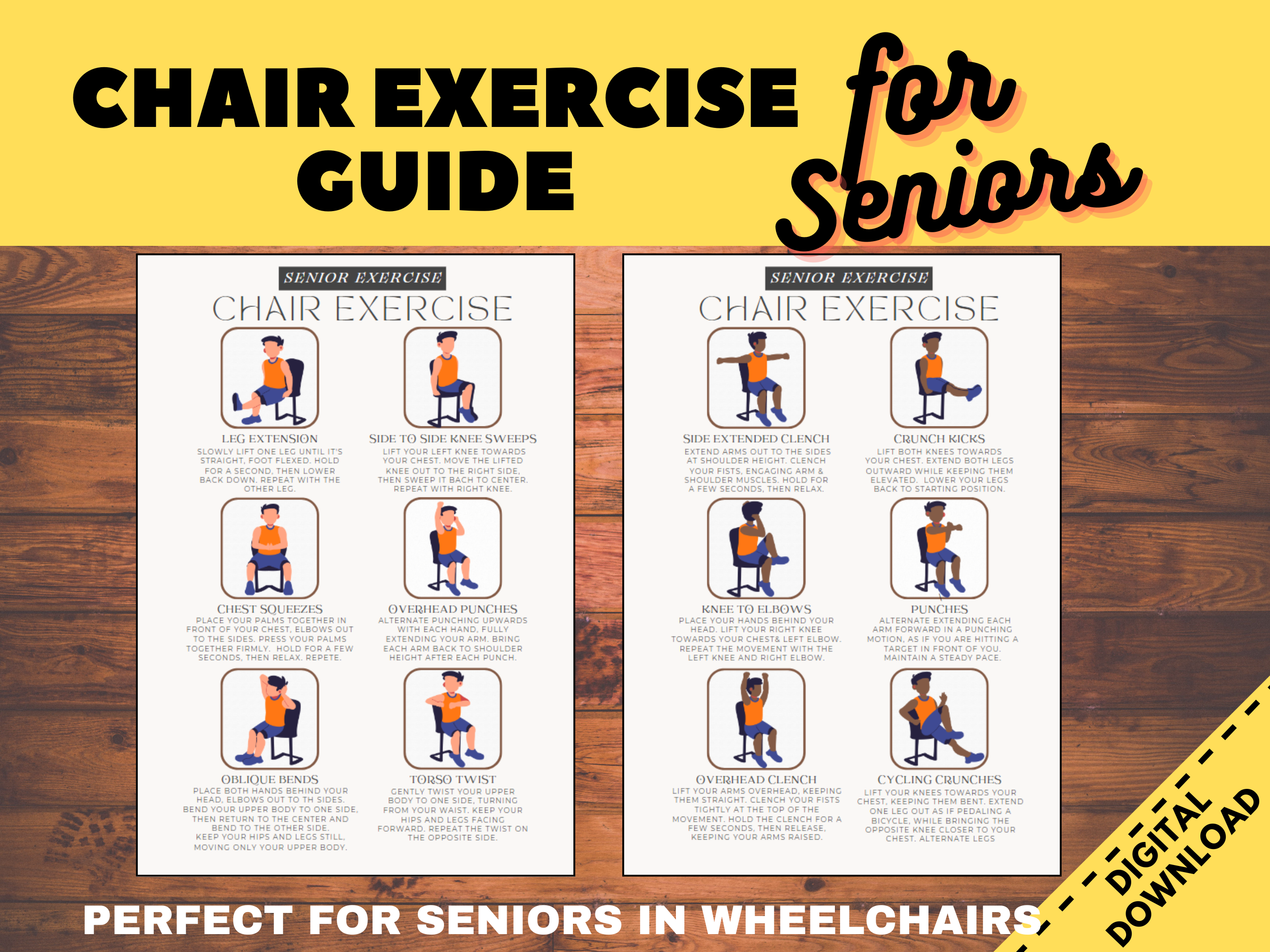 chair exercise guide for seniors, workout for elderly, physical therapy printable, wheelchair yoga, nursing home sport, dementia printables.