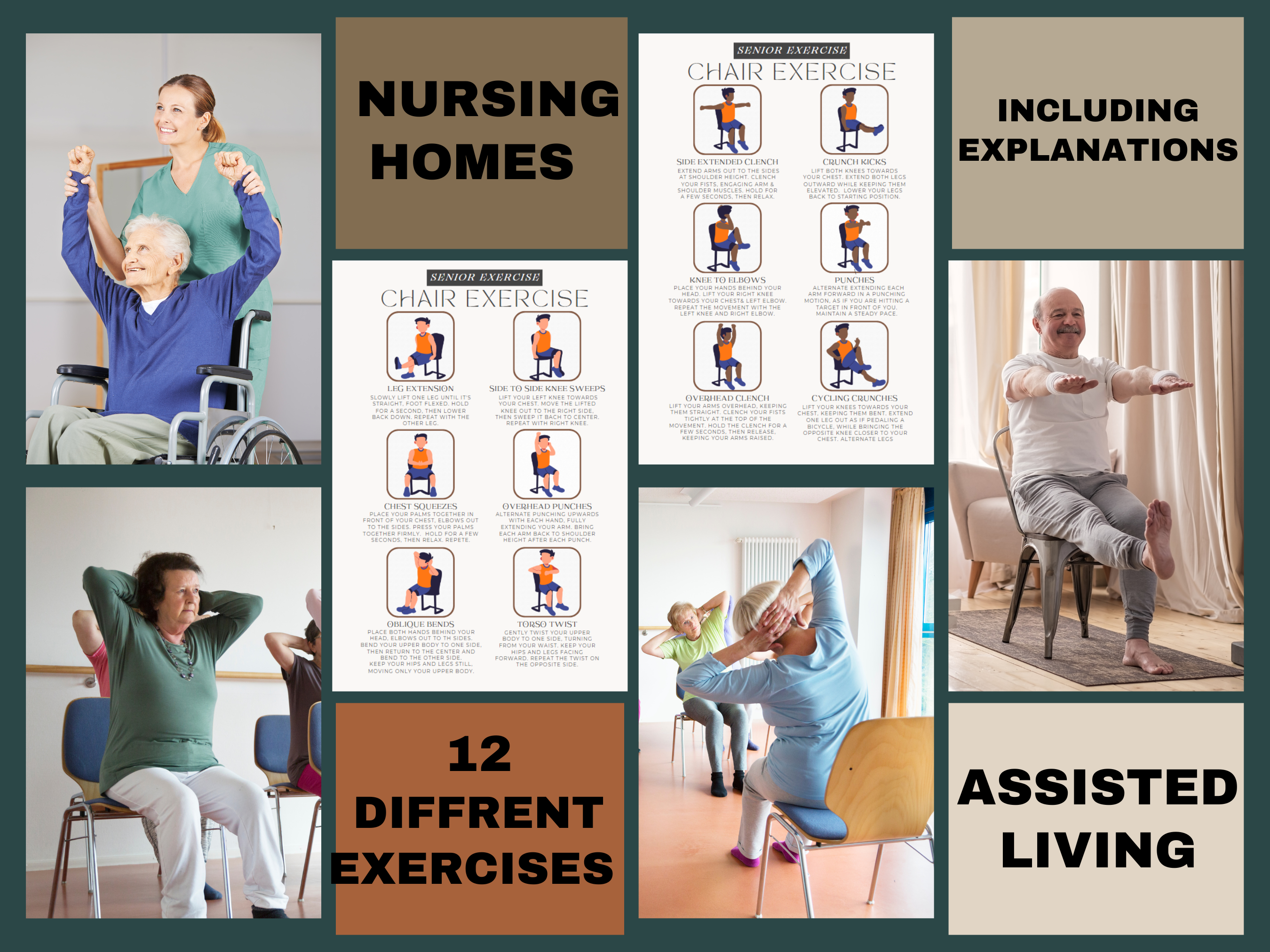 chair exercise guide for seniors, workout for elderly, physical therapy printable, wheelchair yoga, nursing home sport, dementia printables.