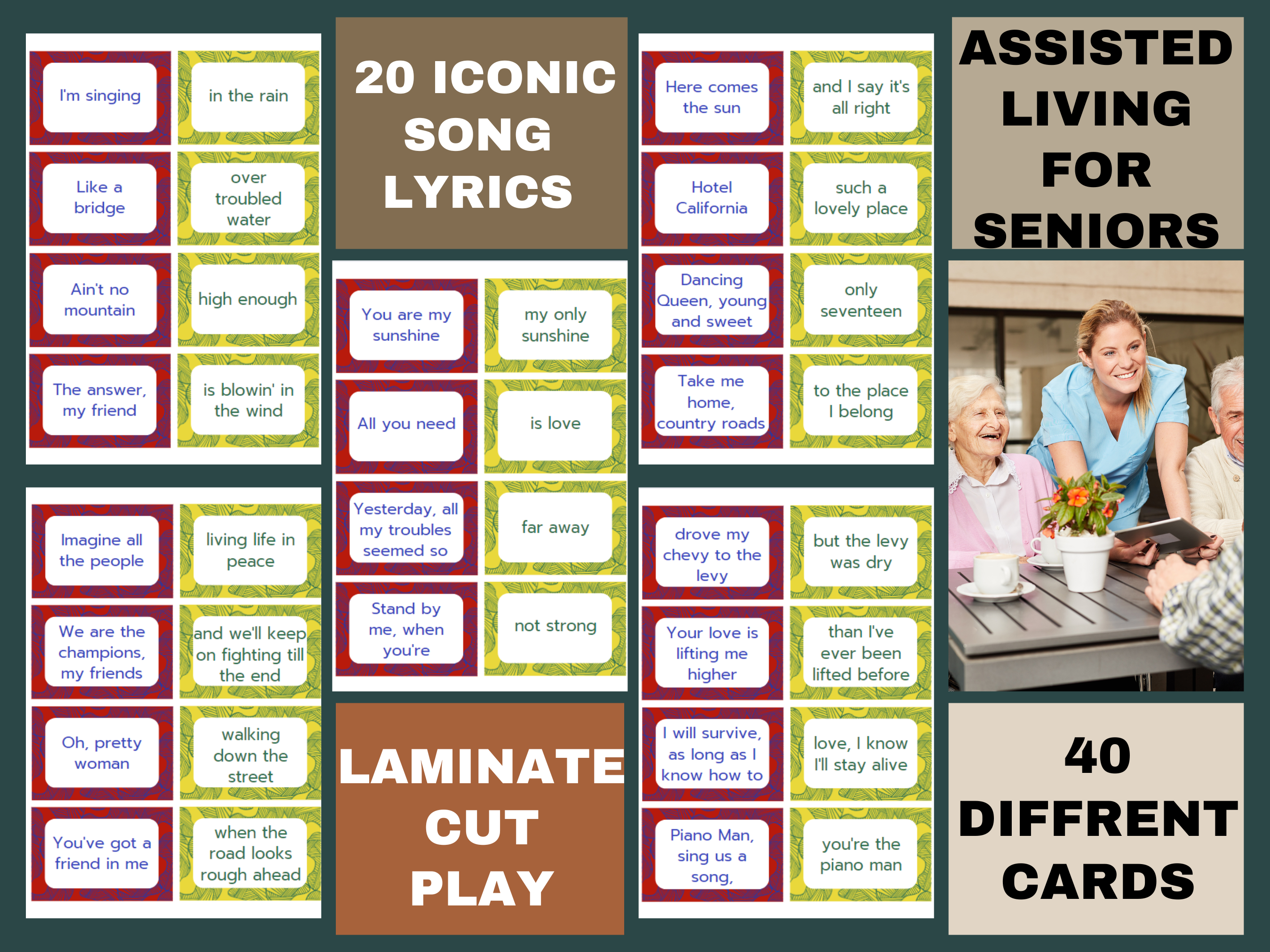 Senior lyrics Matching Game, for Nursing homes, Memory Care & Assisted Living, Elderly Brain Game for seniors, dementia cognitive worksheets