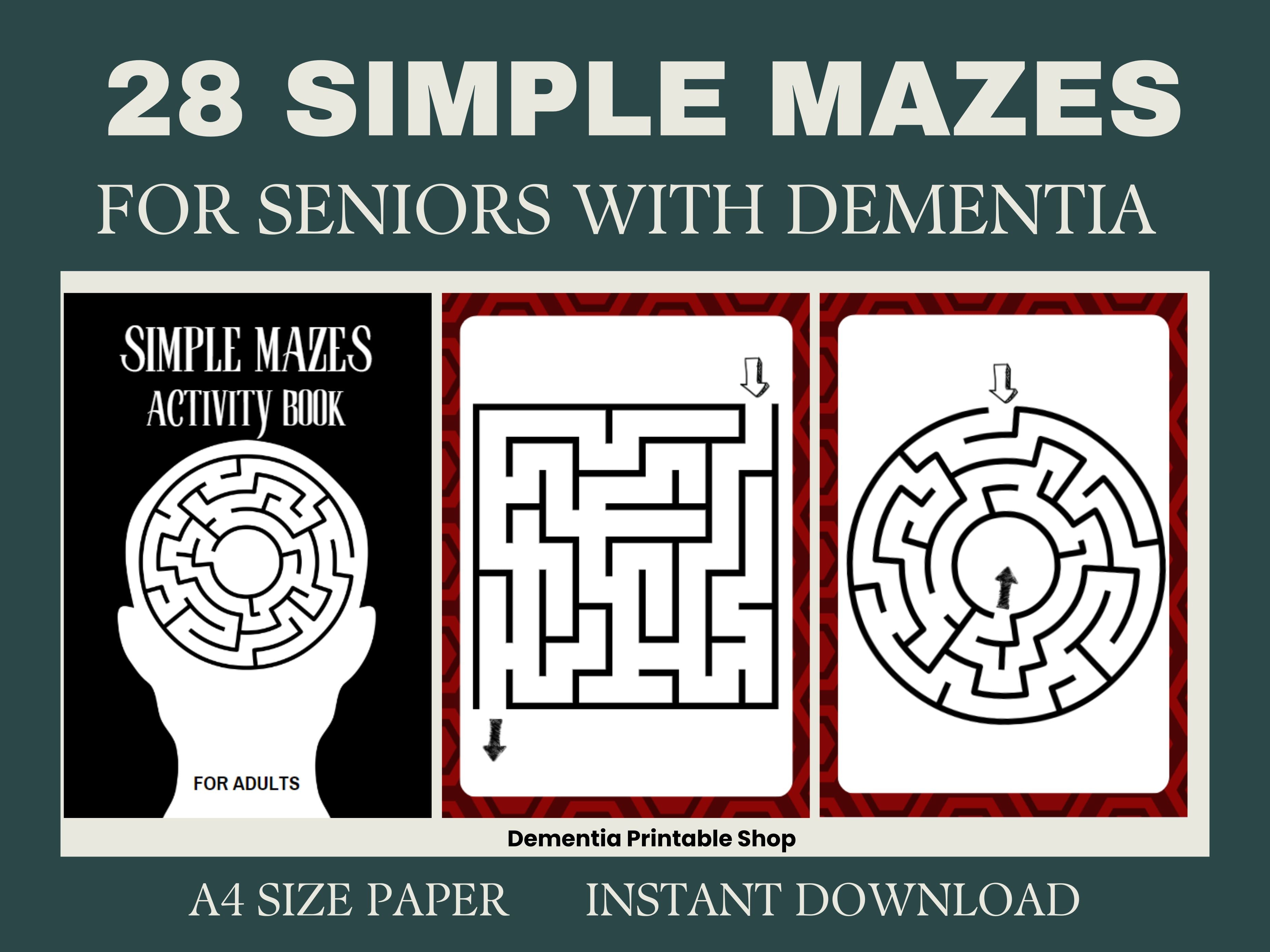 28 simple mazes, activity for Seniors Large Print, 28 Easy Worksheet, for elderly with Alzheimer’s, Dementia, Parkinson, Memory Loss, Stroke