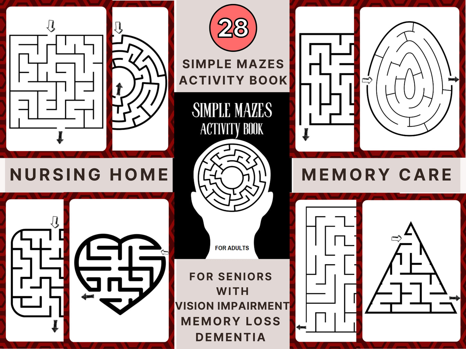 28 simple mazes, activity for Seniors Large Print, 28 Easy Worksheet, for elderly with Alzheimer’s, Dementia, Parkinson, Memory Loss, Stroke