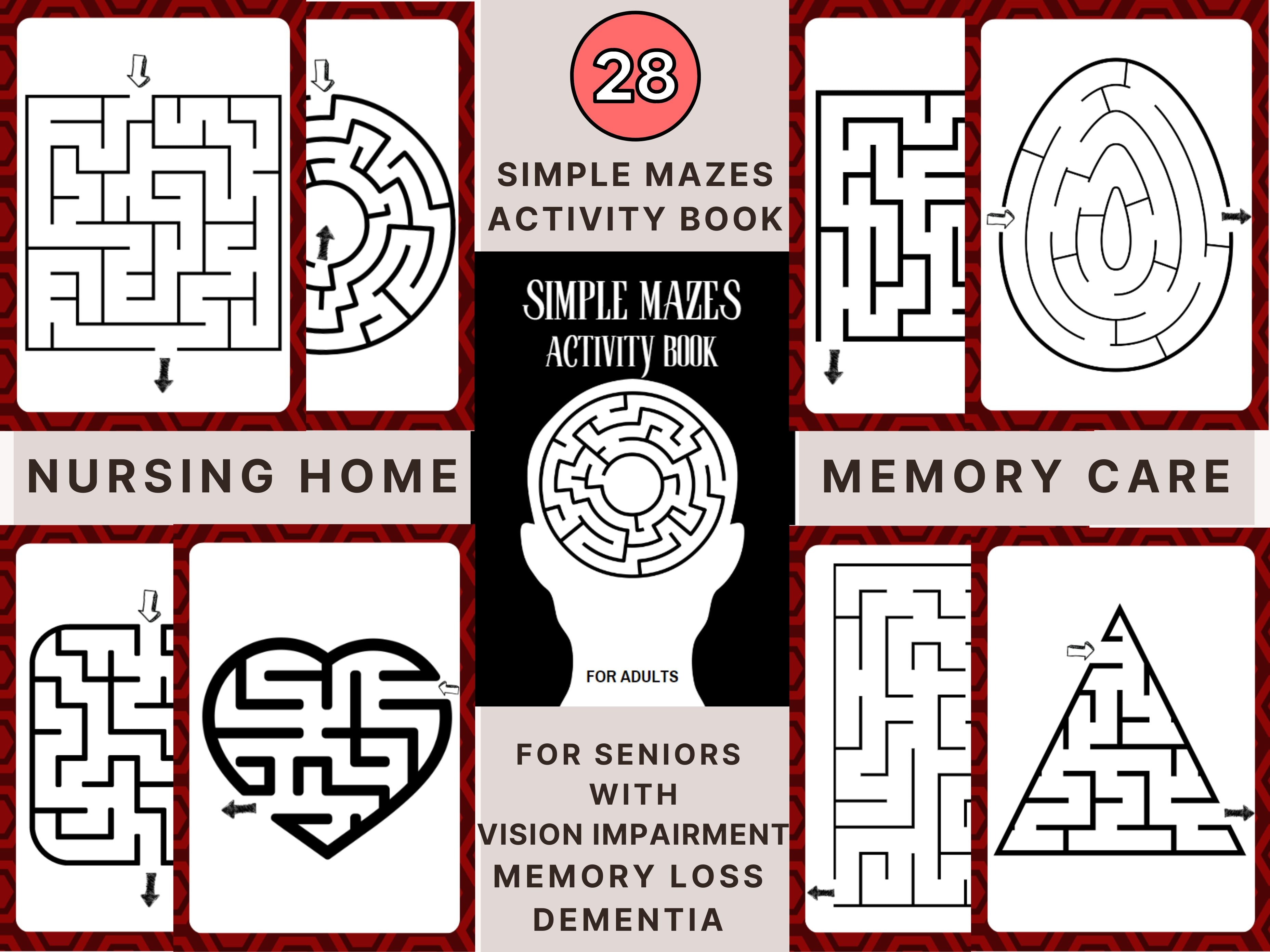 28 simple mazes, activity for Seniors Large Print, 28 Easy Worksheet, for elderly with Alzheimer’s, Dementia, Parkinson, Memory Loss, Stroke