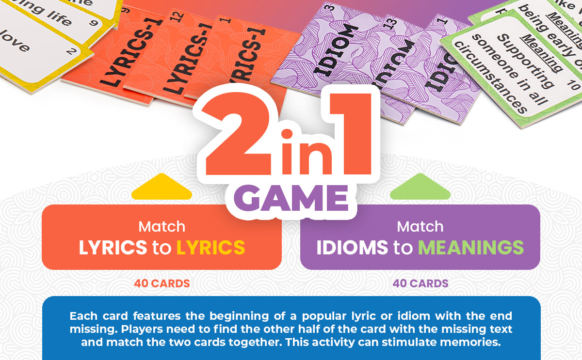 Assistex 2 in 1 Matching Card Memory Games for Seniors – Lyric and Idiom Matching Card Games for memory loss Dementia Activities for Seniors – Alzheimer&