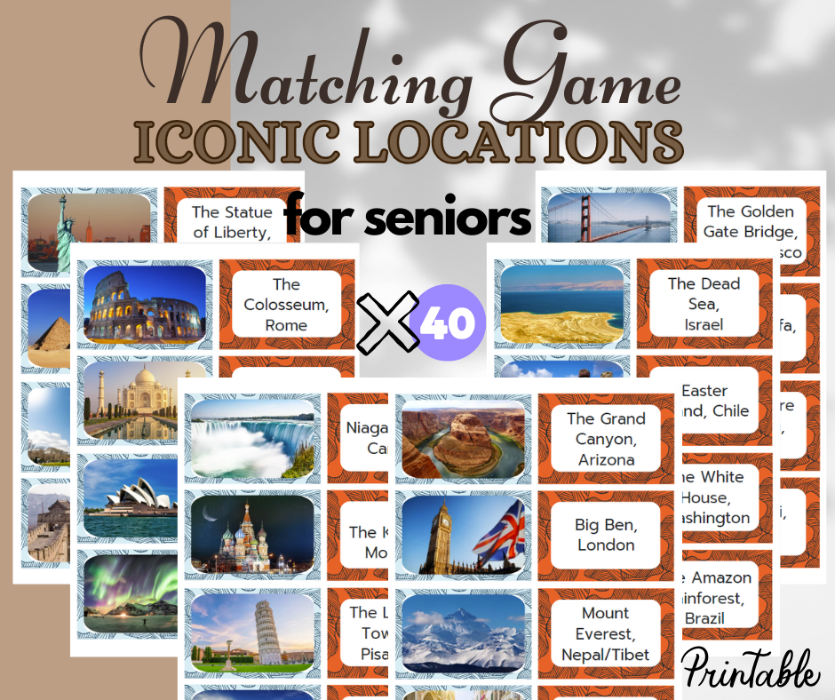 Printable Famous Landmarks Matching Game – Fun Memory Activity for Seniors & Dementia Care, Brain Game for seniors, cognitive worksheets
