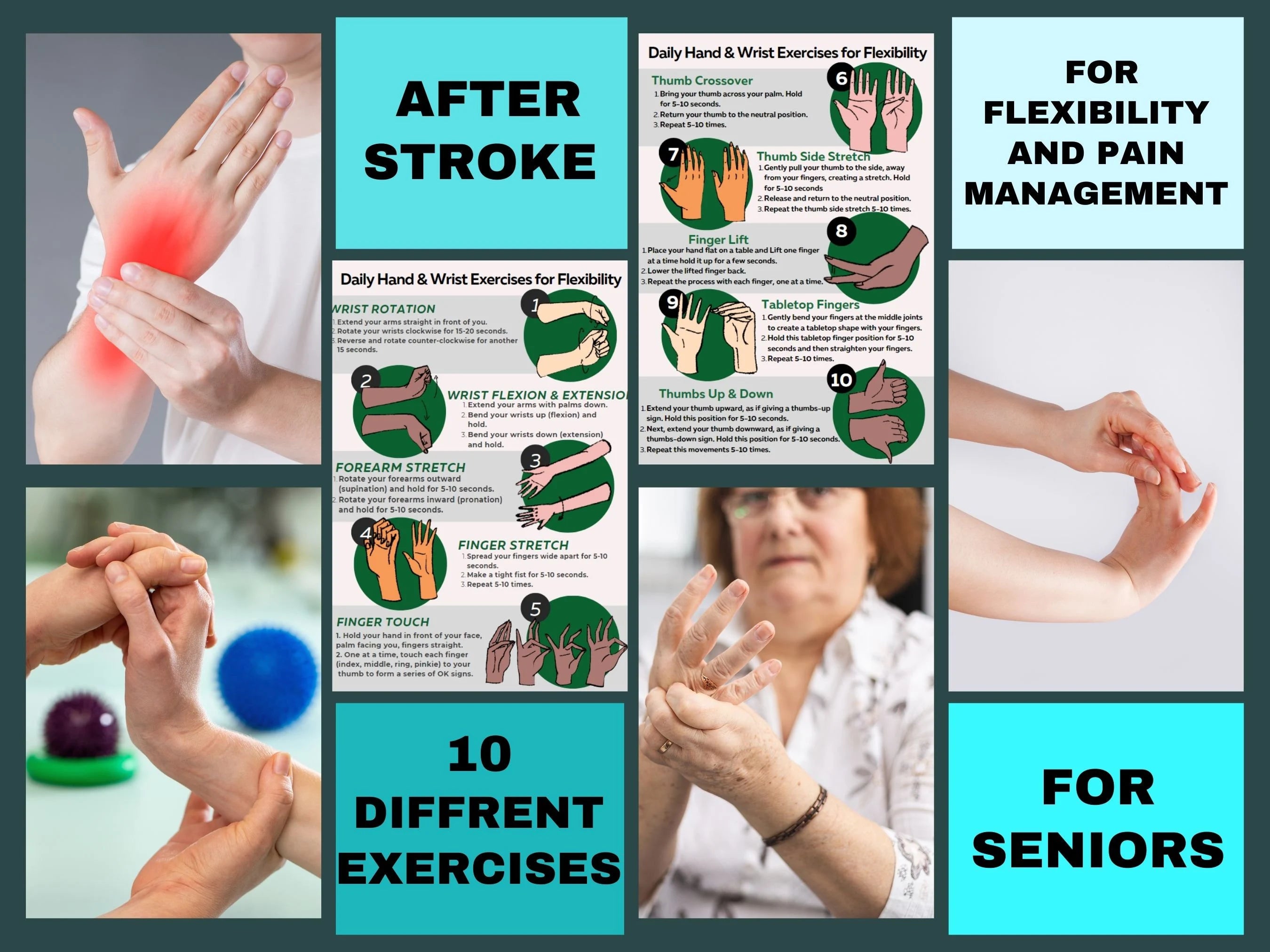 Hand & Wrist Exercises for seniors, Exercise for elderly, Physical therapy printable, Occupational therapy, Finger stretches, Stroke rehab.