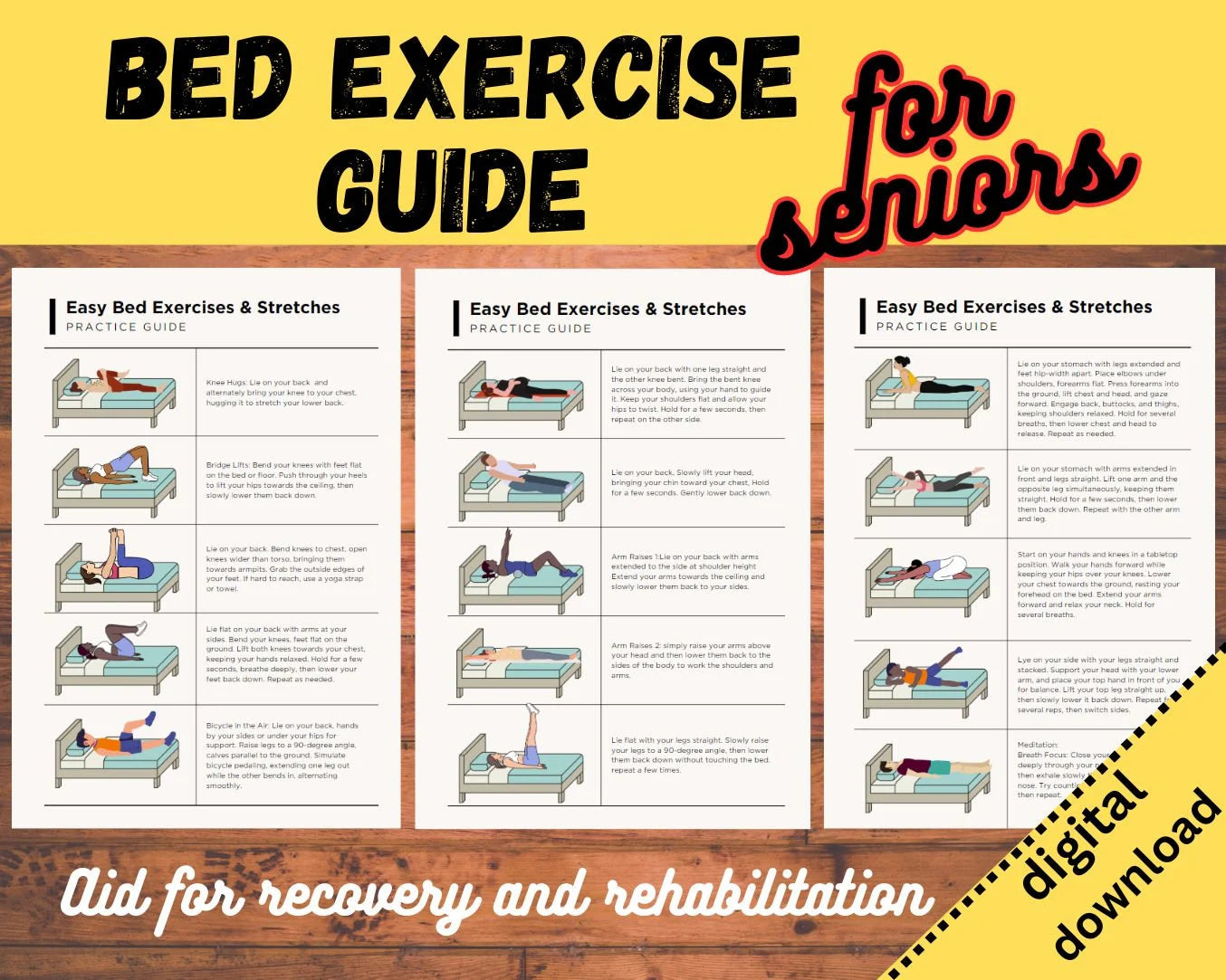 Bed Exercise Guide for Seniors Printable – Easy Bed Exercises and Stretches with Images & Instructions. yoga for elderly, physical therapy