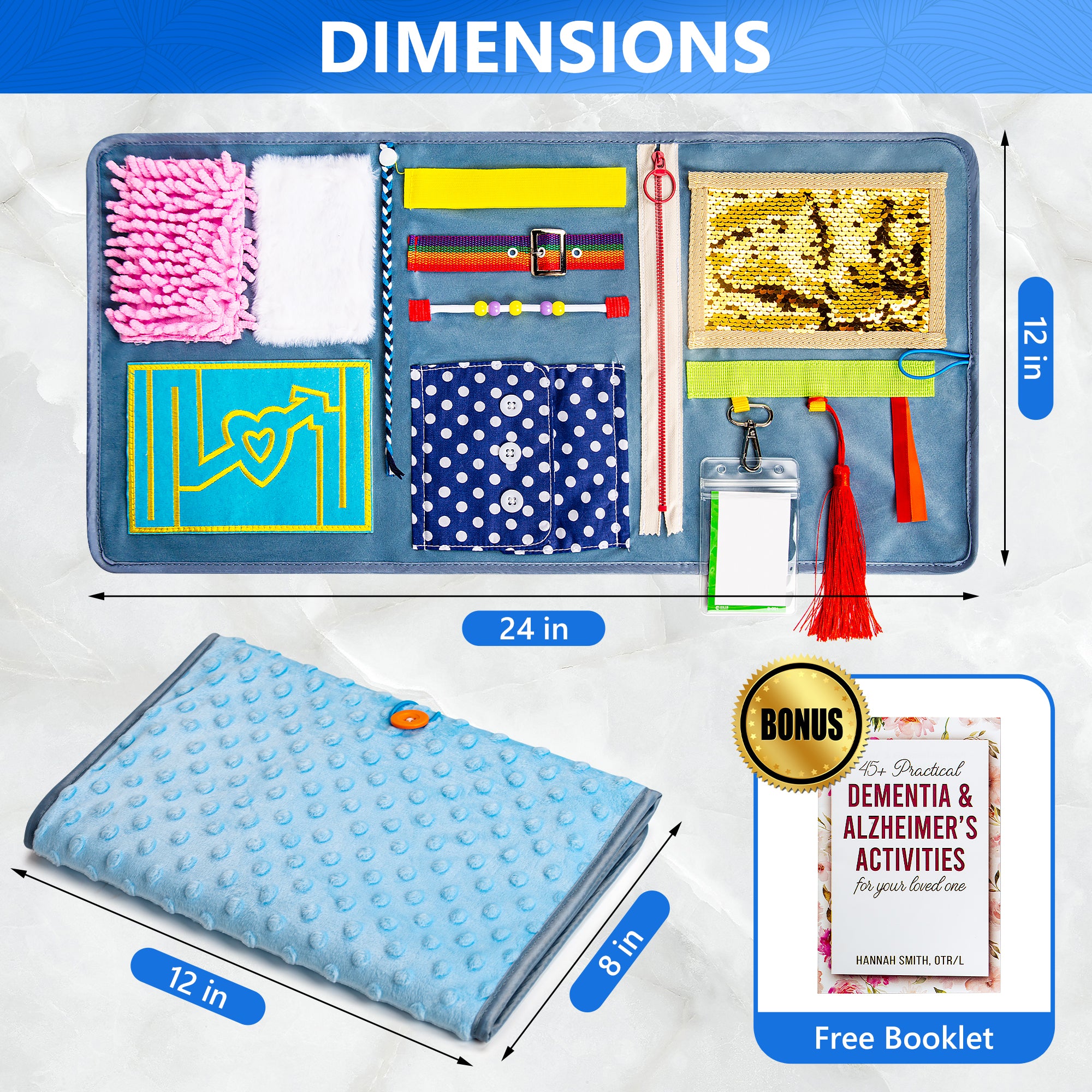 caregiver placing fidget blanket on senior’s lap