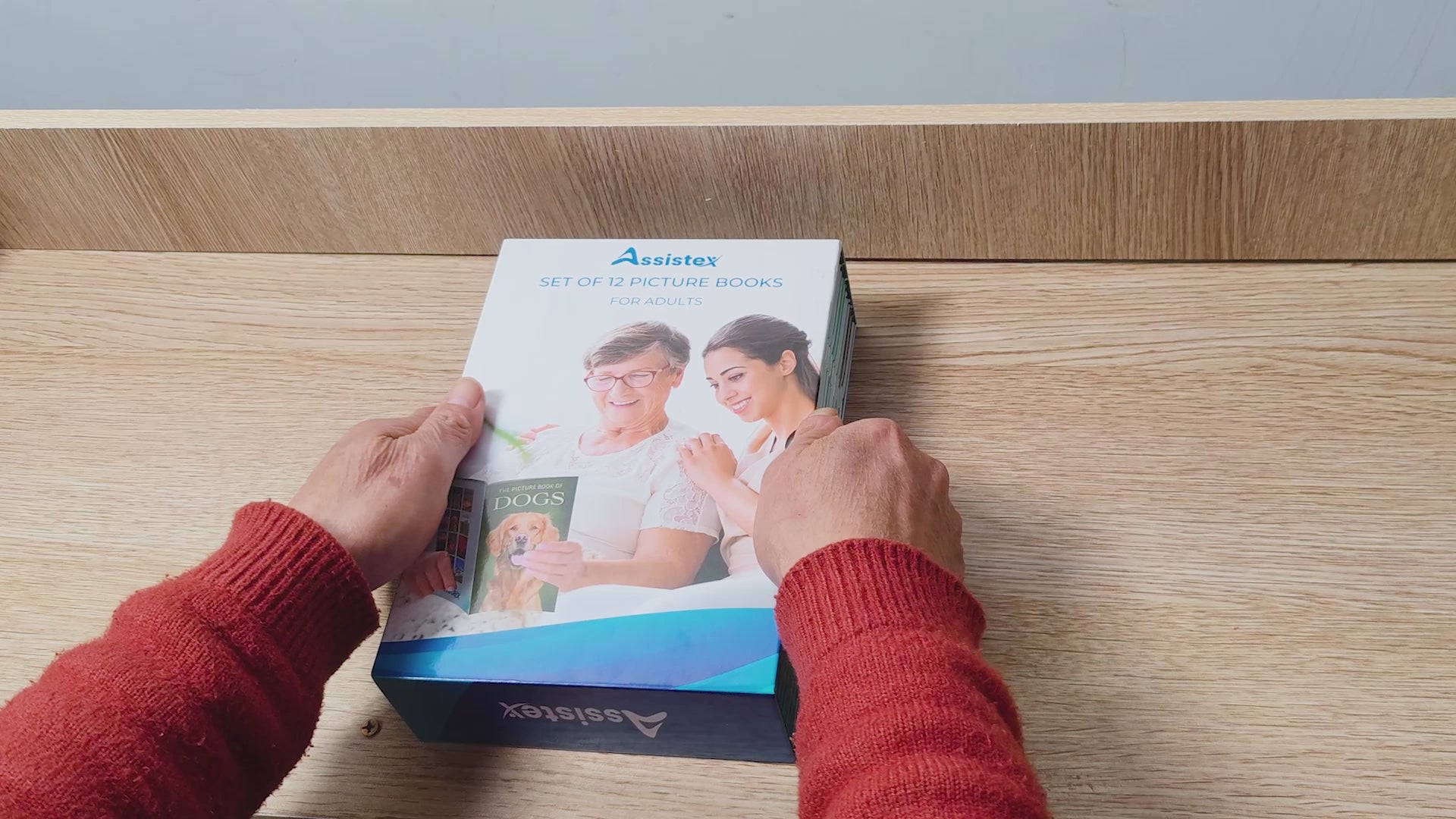 caregiver using picture book with dementia patient