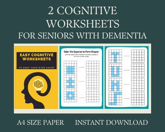 2 cognitive worksheets, activity for Seniors Large Print, Easy Worksheets, for elderly with Alzheimer’s, Dementia, Parkinson, Memory Loss