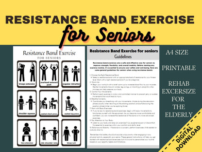 Resistance Band Exercise for seniors, illustrated easy exercises, physical therapy printables, nursing home activity, caregiver instructions