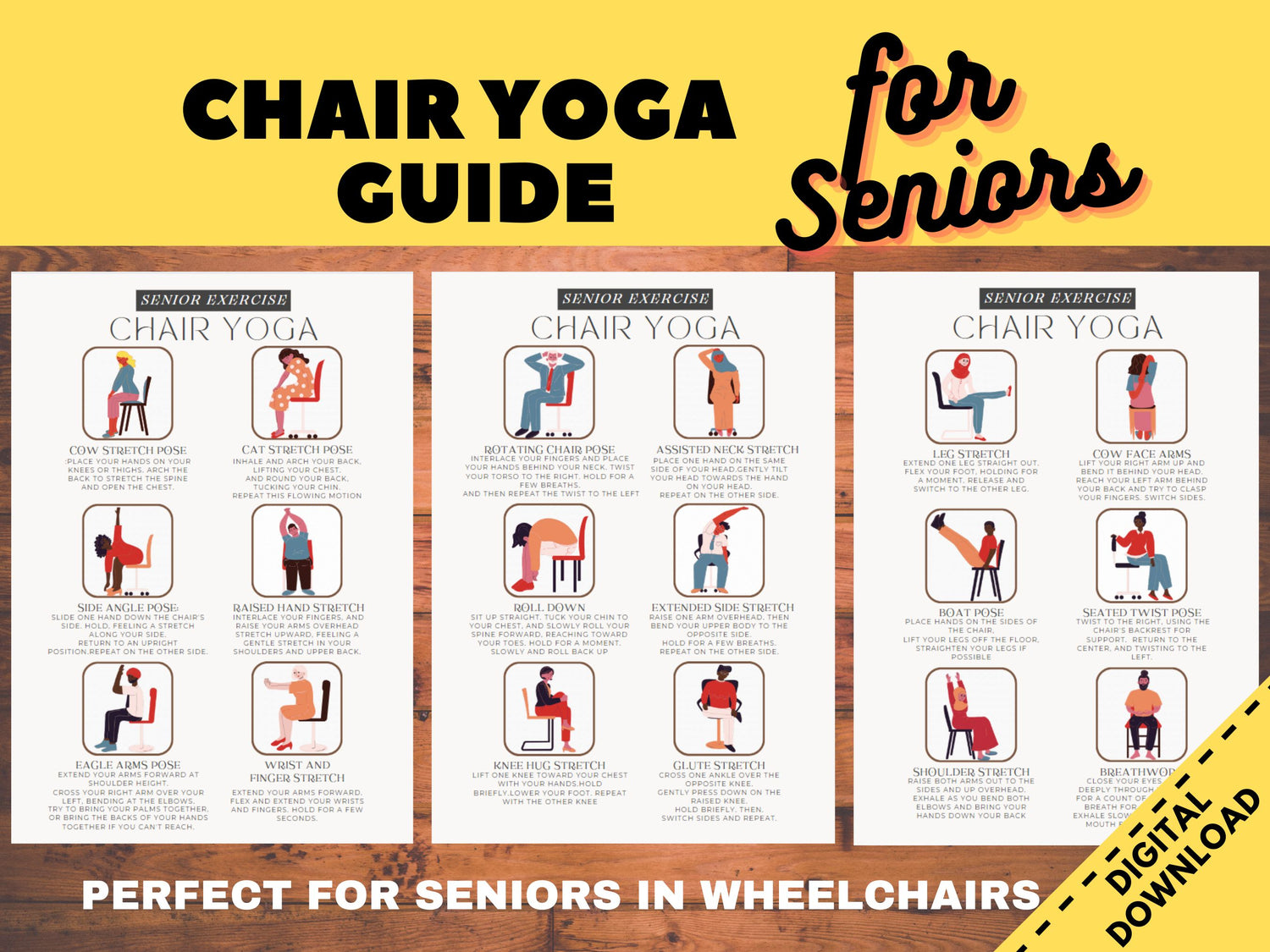 chair yoga guide for seniors, exercise for elderly, physical therapy printable, wheelchair exercise, nursing home sport, dementia printables