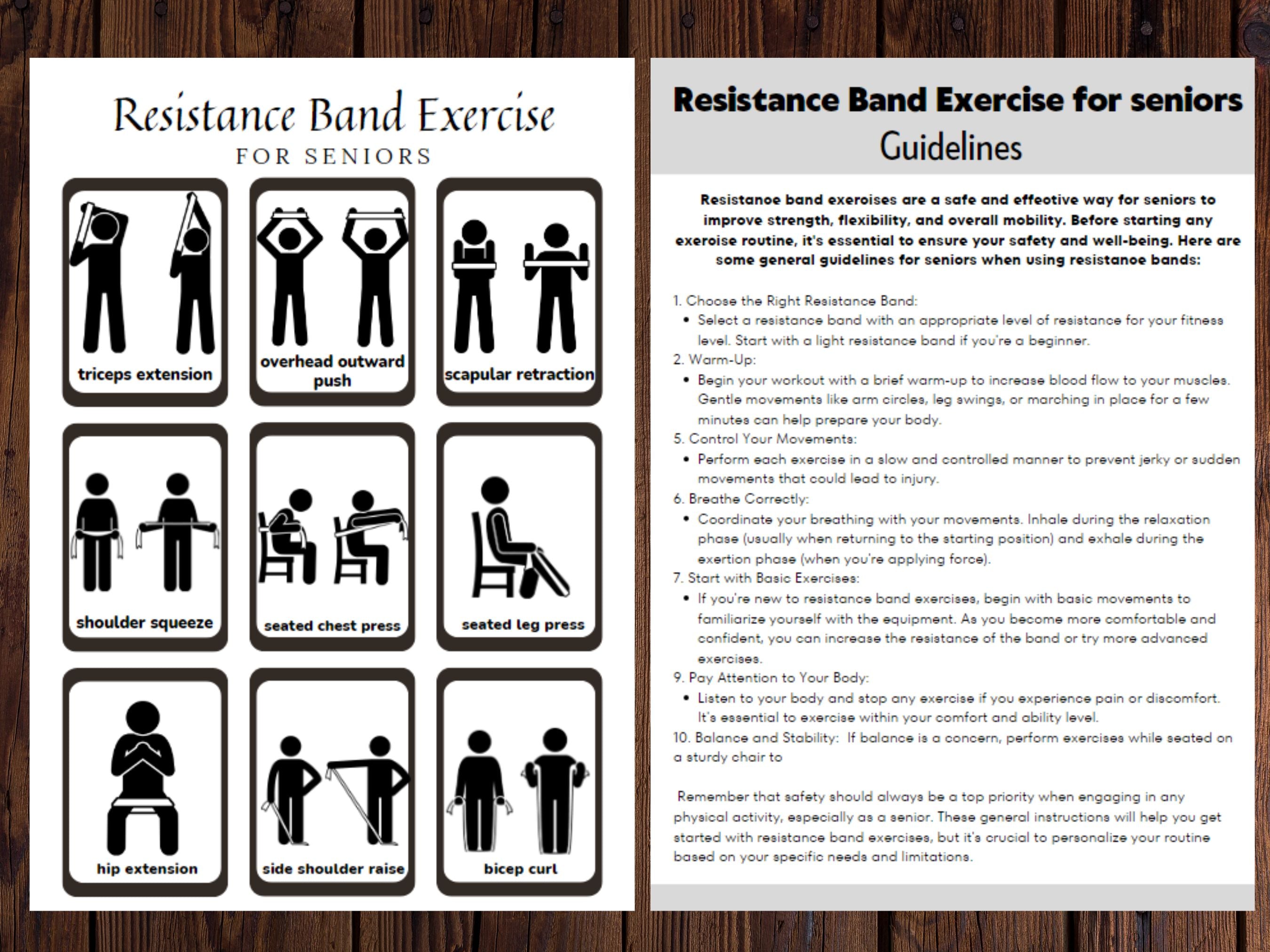 Resistance Band Exercise for seniors, illustrated easy exercises, physical therapy printables, nursing home activity, caregiver instructions