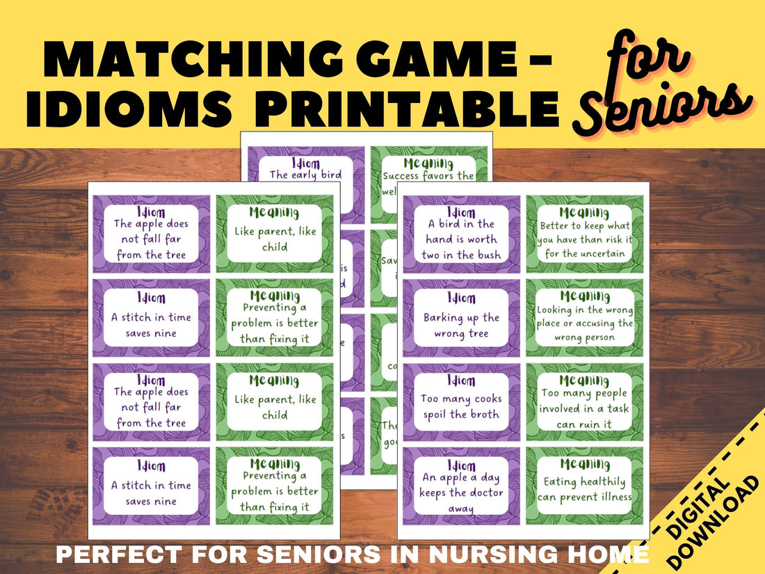 Senior Idioms Matching Game, for Nursing homes, Memory Care &amp; Assisted Living, Elderly Brain Game for seniors, dementia cognitive worksheets