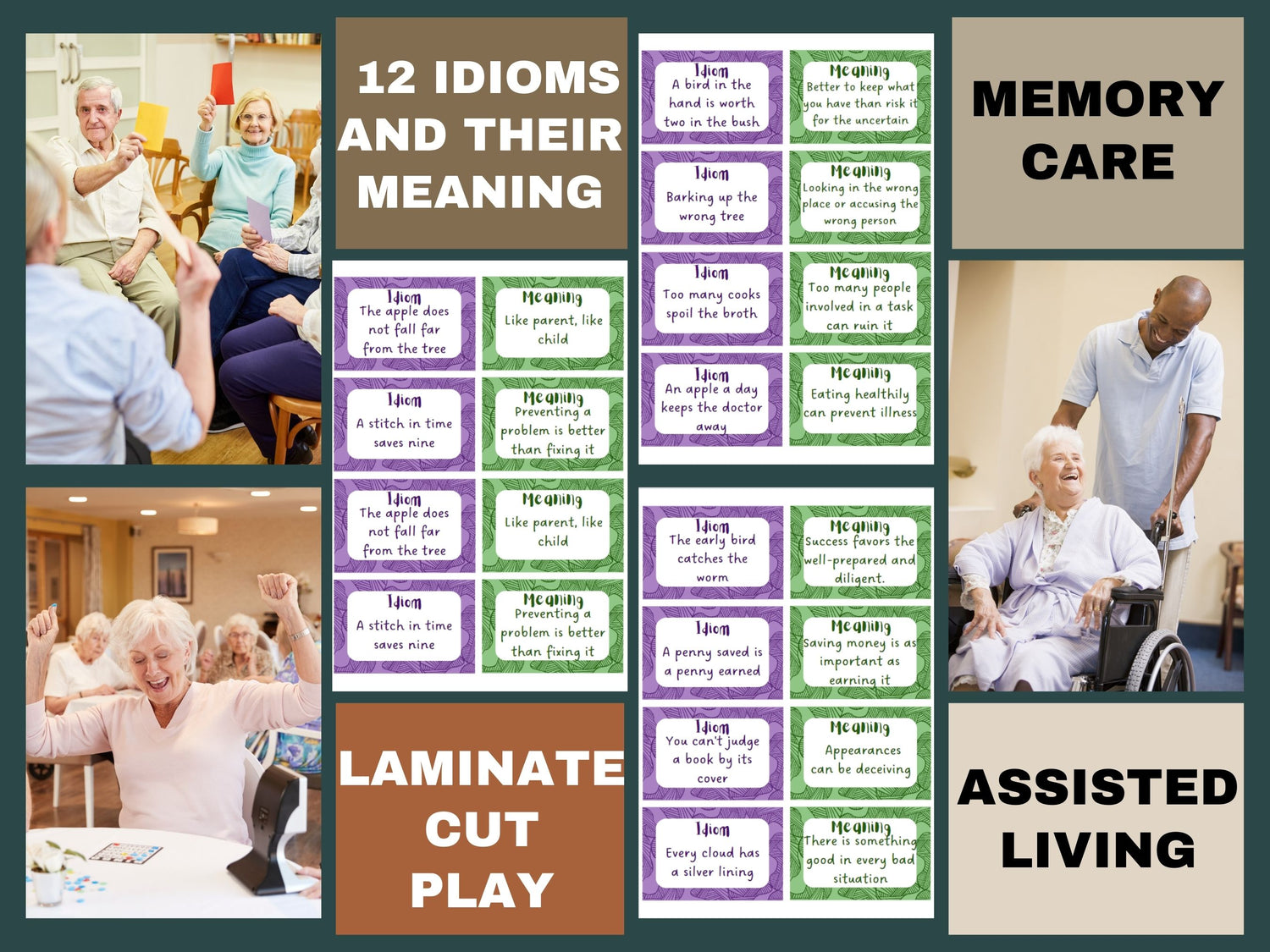 Senior Idioms Matching Game, for Nursing homes, Memory Care &amp; Assisted Living, Elderly Brain Game for seniors, dementia cognitive worksheets