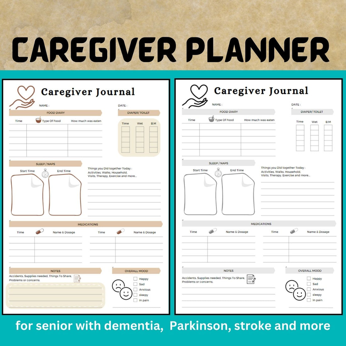 Caregiver Planner for seniors with Alzheimer’s, Dementia, Parkinson, Memory Loss, Stroke. Printable for Nursing home, Memory care, Hospital.