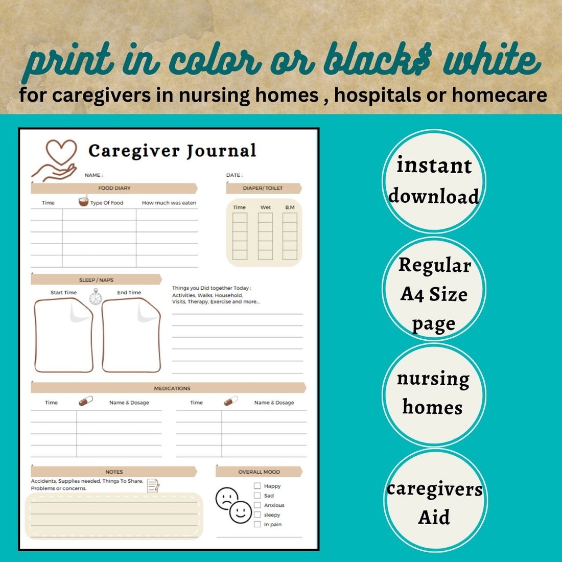 Caregiver Planner for seniors with Alzheimer’s, Dementia, Parkinson, Memory Loss, Stroke. Printable for Nursing home, Memory care, Hospital.