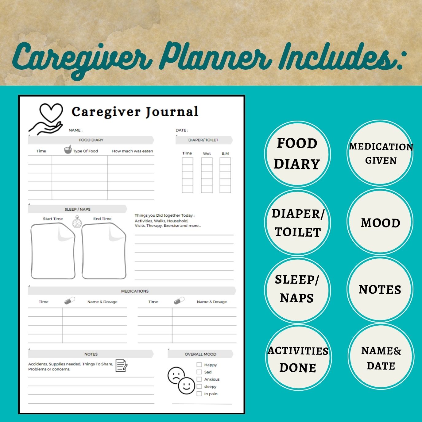 Caregiver Planner for seniors with Alzheimer’s, Dementia, Parkinson, Memory Loss, Stroke. Printable for Nursing home, Memory care, Hospital.