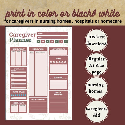 Caregiver Planner for seniors with Alzheimer’s, Dementia, Parkinson, Memory Loss, Stroke. Printable for Nursing home, Memory care facilities