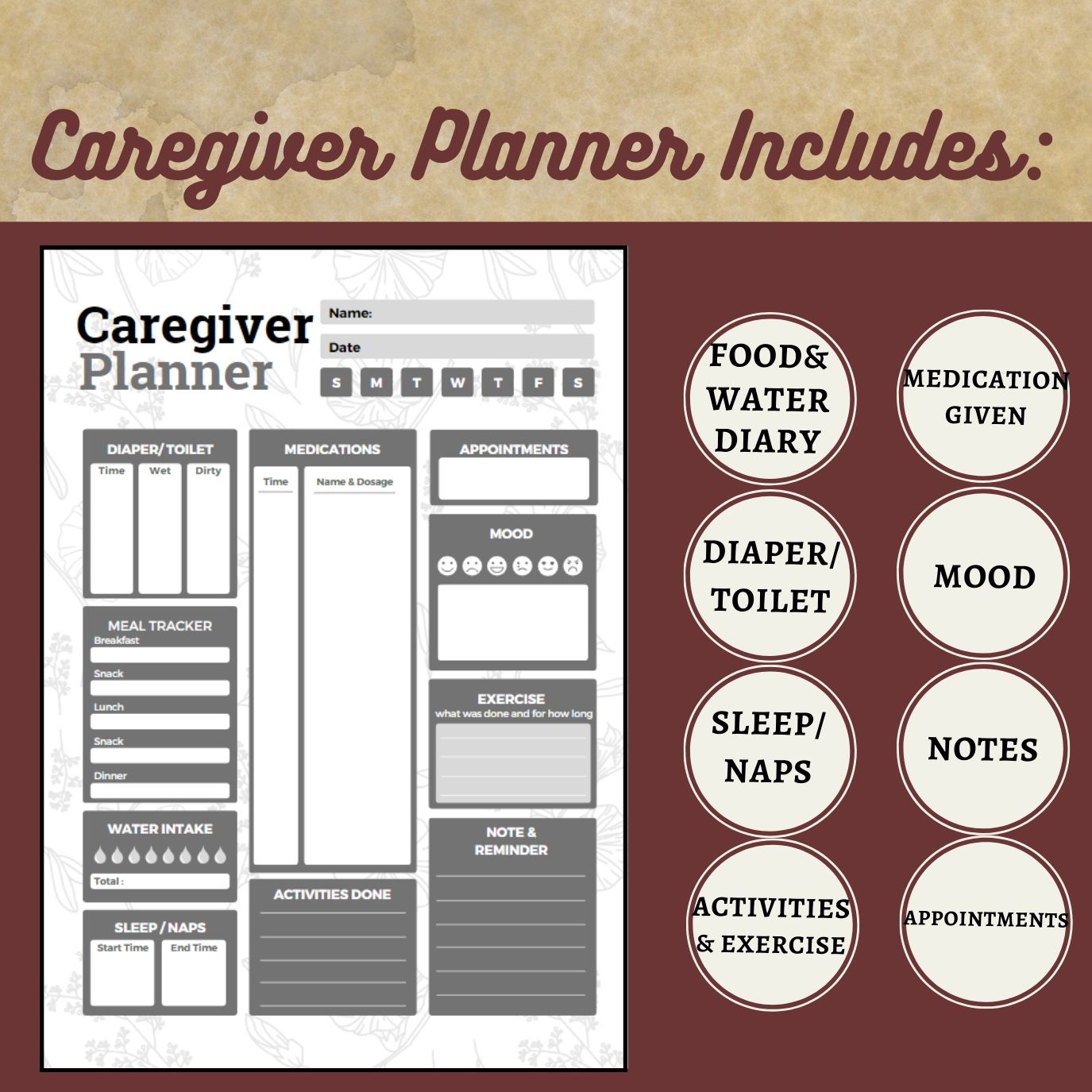 Caregiver Planner for seniors with Alzheimer’s, Dementia, Parkinson, Memory Loss, Stroke. Printable for Nursing home, Memory care facilities