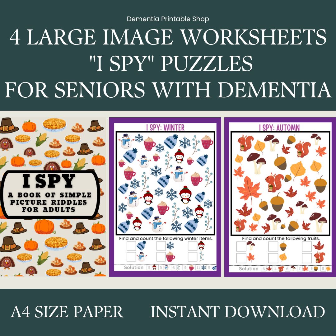 4 I Spy Puzzles for seniors, activity for elderly, Large Print, Easy Worksheets, with Alzheimer’s, Dementia, Parkinson, Memory Loss, games