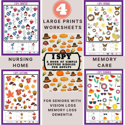 4 I Spy Puzzles for seniors, activity for elderly, Large Print, Easy Worksheets, with Alzheimer’s, Dementia, Parkinson, Memory Loss, games