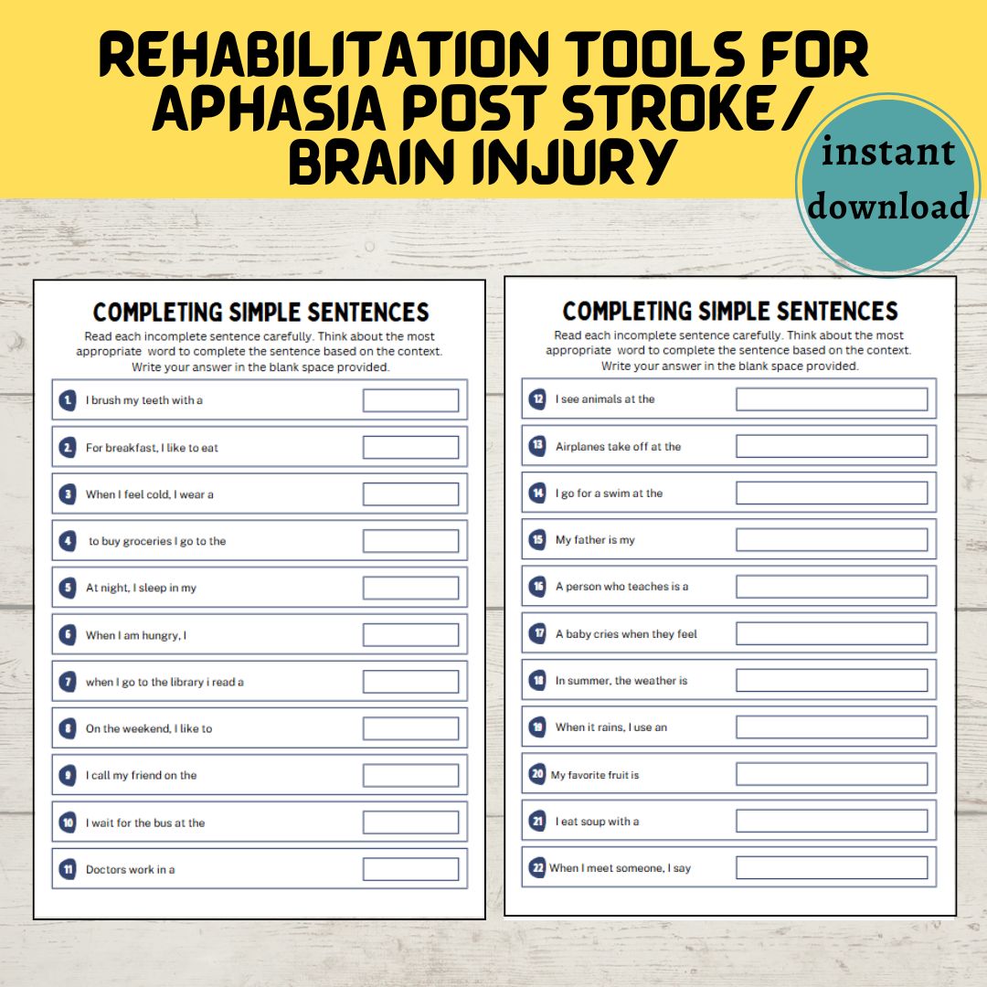 Aphasia Sentence Completion Worksheets, Printable Speach Therapy Activity, SLP tools, Caregiver Guide, Stroke rehabilitation, brain exercise