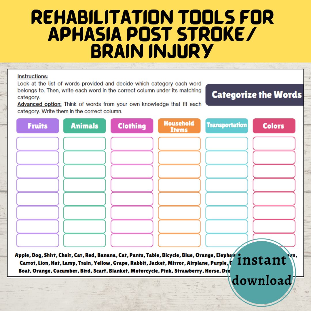 Aphasia Printable, Post- Stroke rehab, Categorizing Worksheets, Head Injury, Speech Therapy Tools, SLP, Dementia Activities, brain exercises