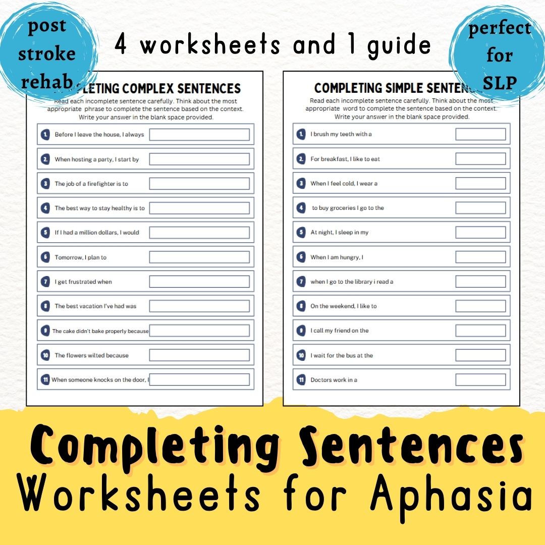 Aphasia Sentence Completion Worksheets, Printable Speach Therapy Activity, SLP tools, Caregiver Guide, Stroke rehabilitation, brain exercise
