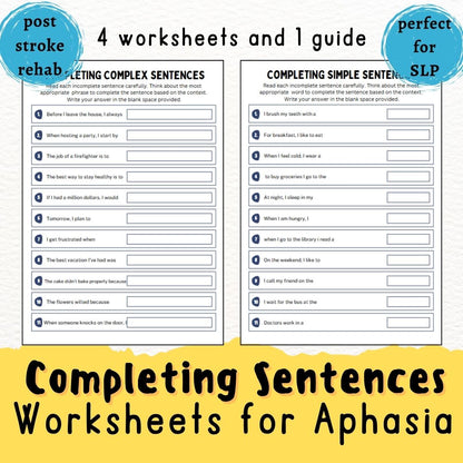 Aphasia Sentence Completion Worksheets, Printable Speach Therapy Activity, SLP tools, Caregiver Guide, Stroke rehabilitation, brain exercise