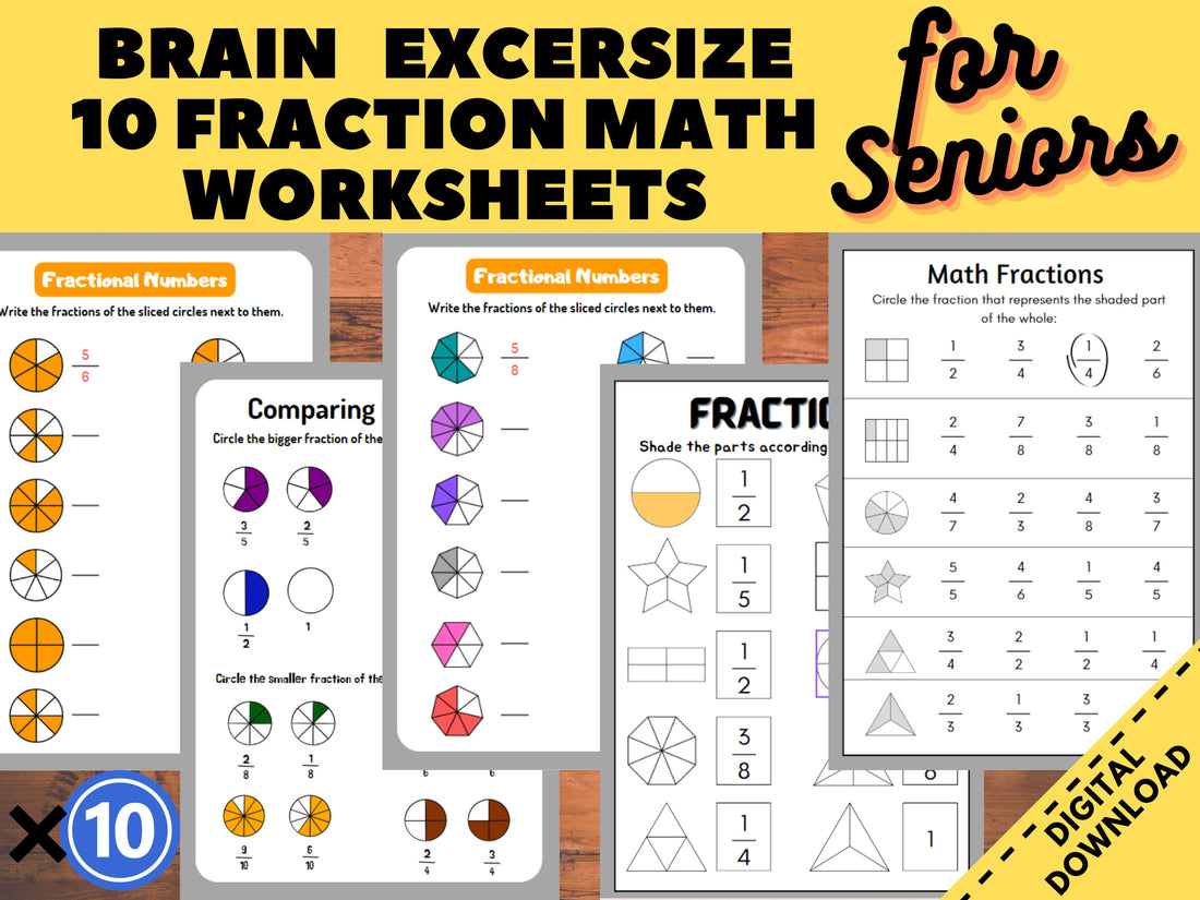 10 Cognitive Worksheets, Fraction Math ,Activity Seniors, Easy Worksheet, for elderly with Alzheimer’s, Dementia, Parkinson, Nursing Home