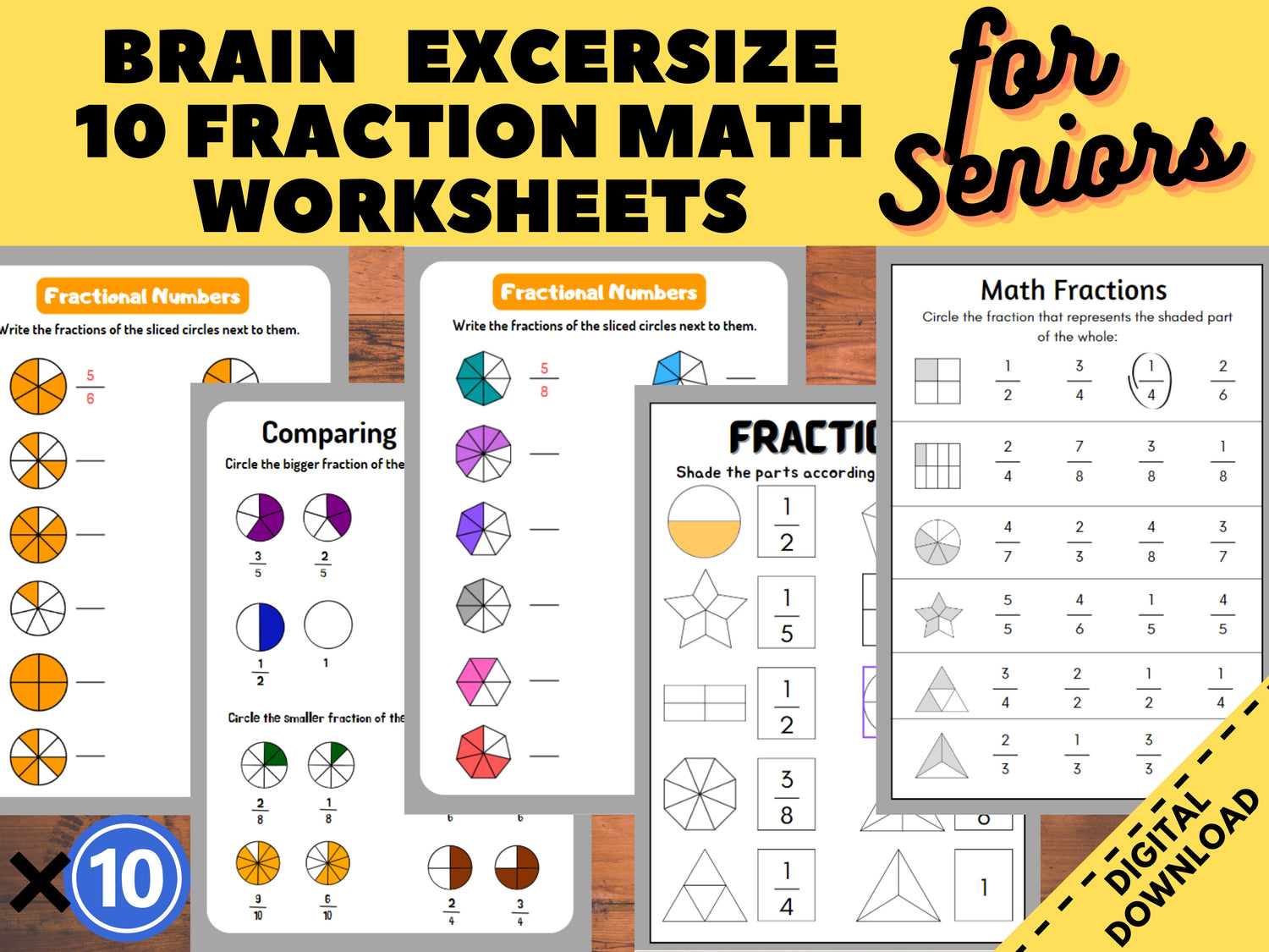 10 Cognitive Worksheets, Fraction Math ,Activity Seniors, Easy Worksheet, for elderly with Alzheimer’s, Dementia, Parkinson, Nursing Home