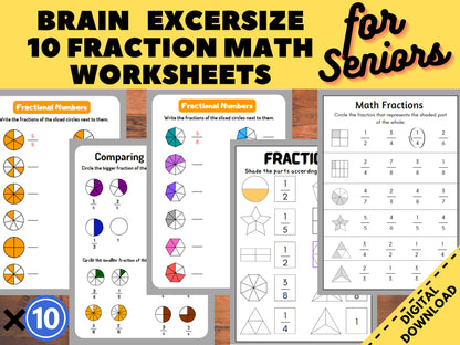10 Cognitive Worksheets, Fraction Math ,Activity Seniors, Easy Worksheet, for elderly with Alzheimer’s, Dementia, Parkinson, Nursing Home