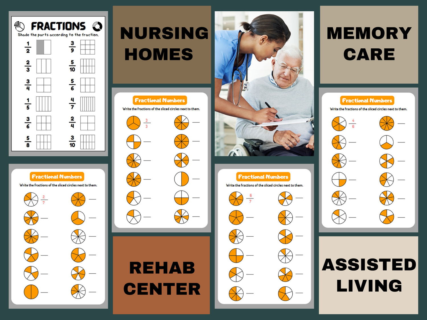 10 Cognitive Worksheets, Fraction Math ,Activity Seniors, Easy Worksheet, for elderly with Alzheimer’s, Dementia, Parkinson, Nursing Home
