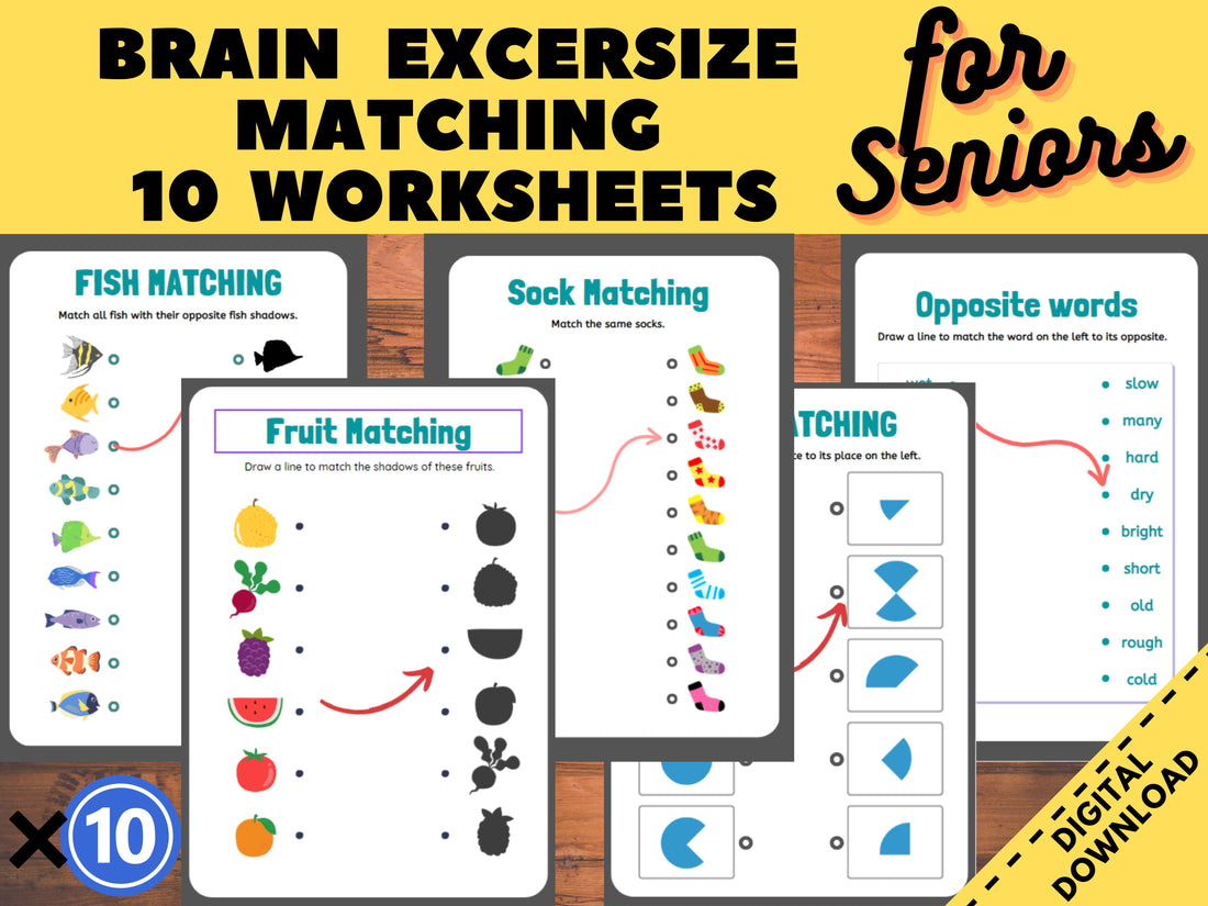 10 Cognitive Worksheets, Matching Puzzles ,Activity Seniors, Easy Worksheet, for elderly with Alzheimer’s, Dementia, Parkinson, Nursing Home