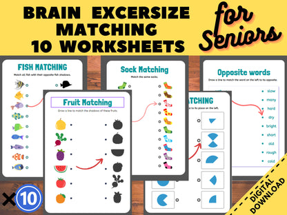 10 Cognitive Worksheets, Matching Puzzles ,Activity Seniors, Easy Worksheet, for elderly with Alzheimer’s, Dementia, Parkinson, Nursing Home