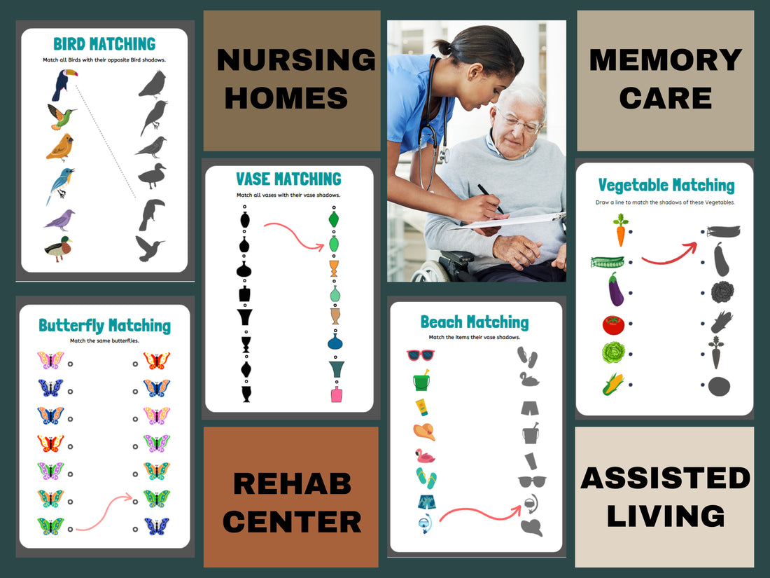 10 Cognitive Worksheets, Matching Puzzles ,Activity Seniors, Easy Worksheet, for elderly with Alzheimer’s, Dementia, Parkinson, Nursing Home