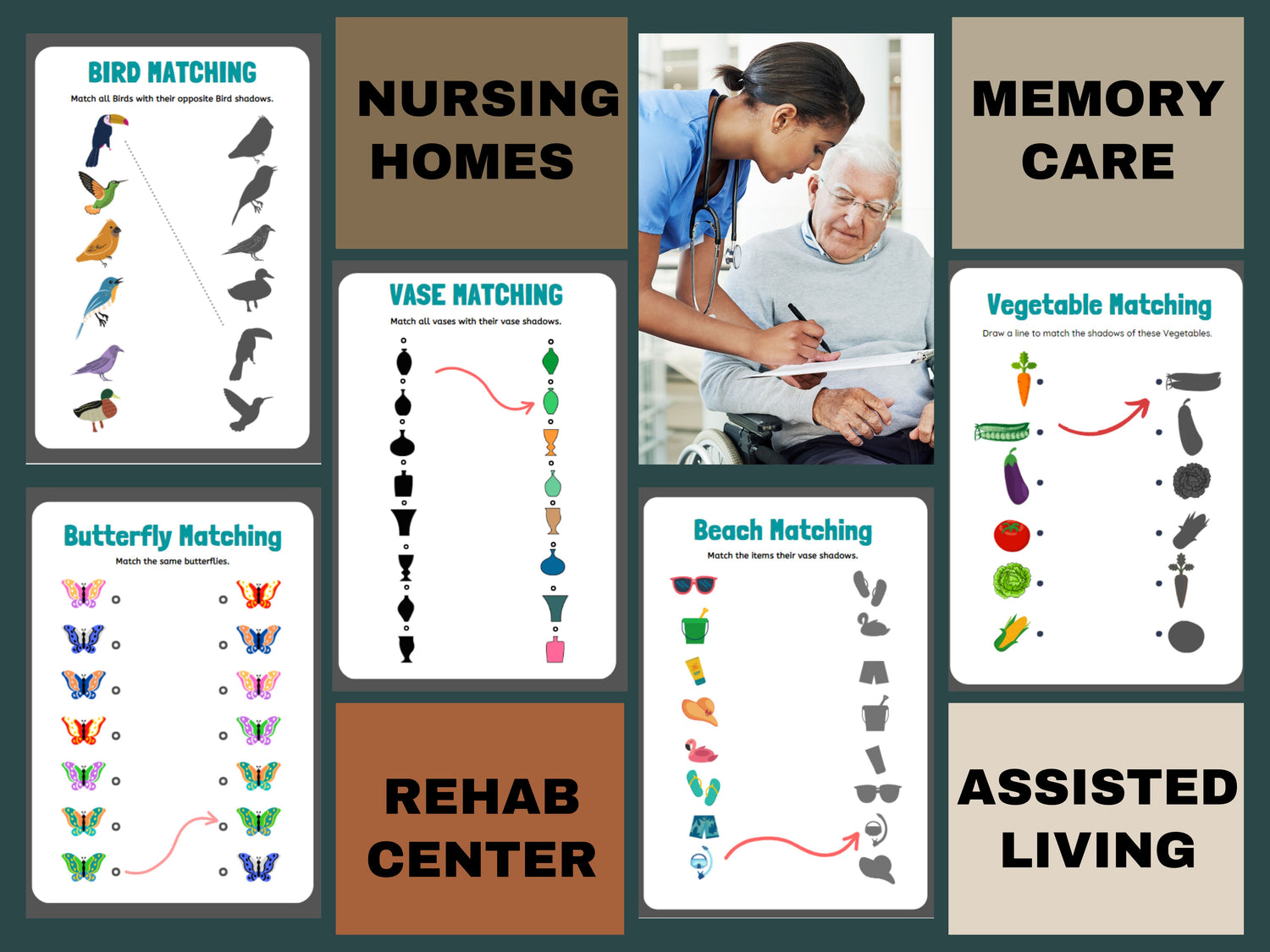 10 Cognitive Worksheets, Matching Puzzles ,Activity Seniors, Easy Worksheet, for elderly with Alzheimer’s, Dementia, Parkinson, Nursing Home