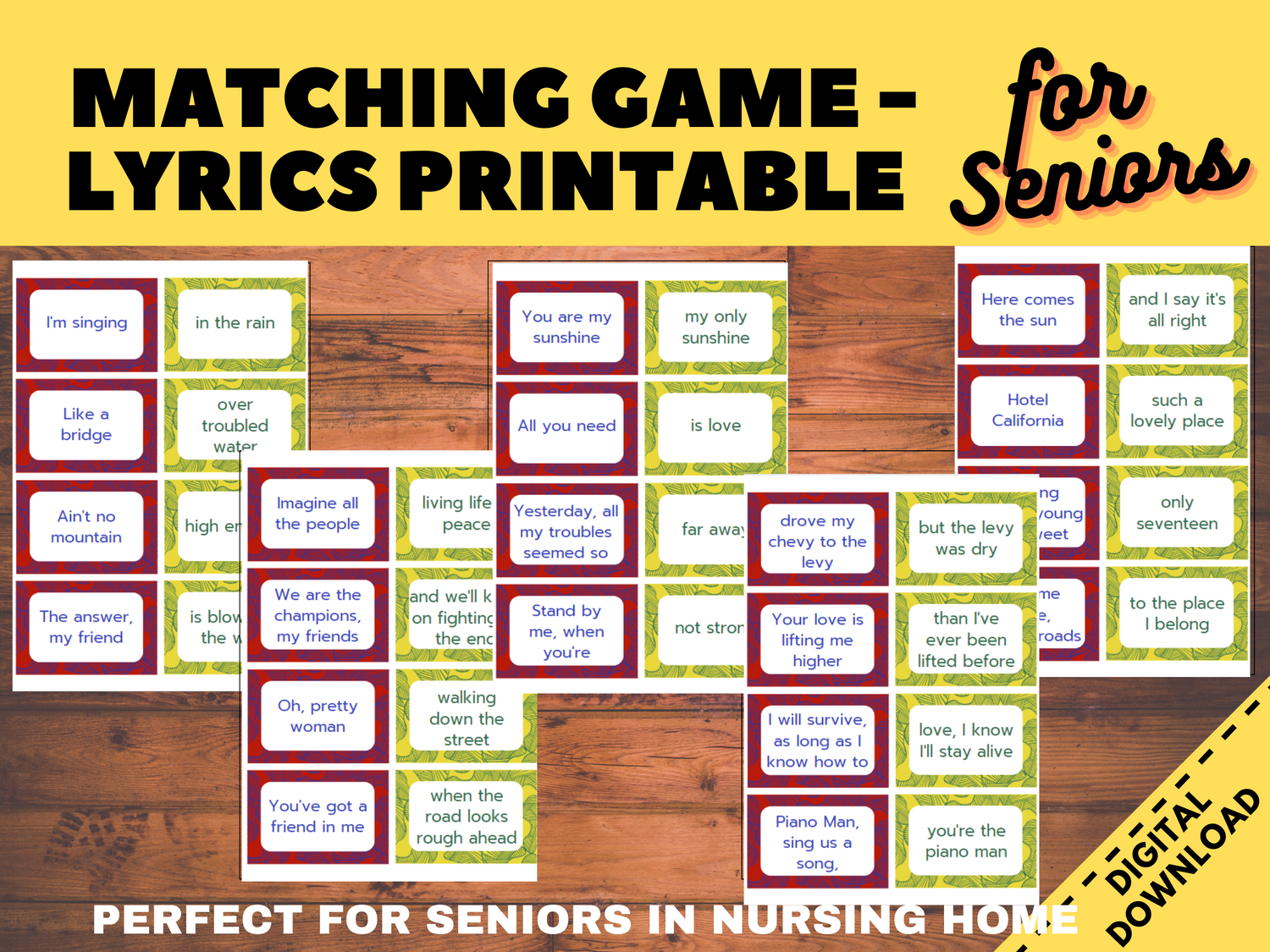 Senior lyrics Matching Game, for Nursing homes, Memory Care &amp; Assisted Living, Elderly Brain Game for seniors, dementia cognitive worksheets