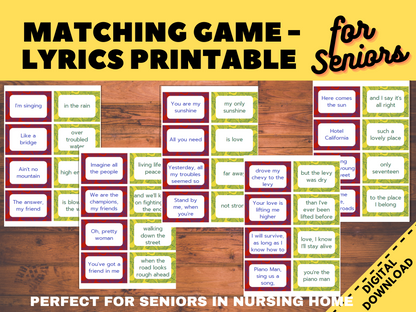 Senior lyrics Matching Game, for Nursing homes, Memory Care &amp; Assisted Living, Elderly Brain Game for seniors, dementia cognitive worksheets