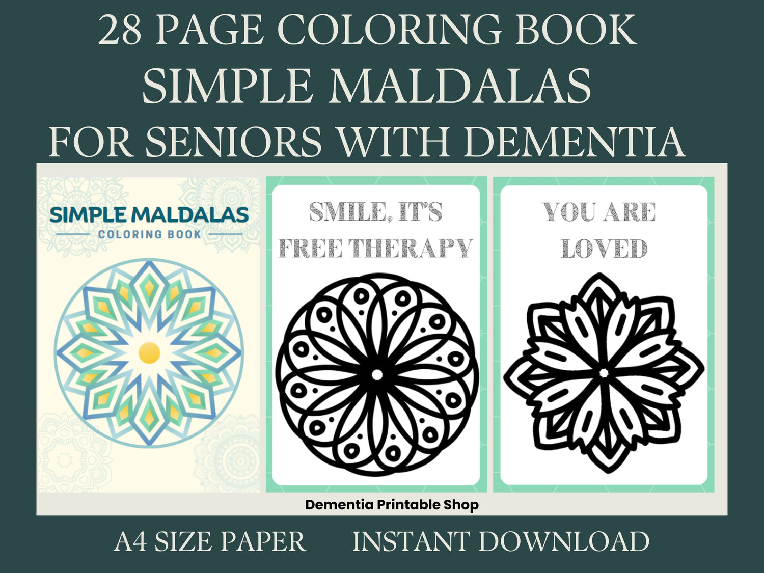 Simple mandala, Coloring Book for Seniors with Dementia, 28 coloring pages, Memory Loss, Parkinson&