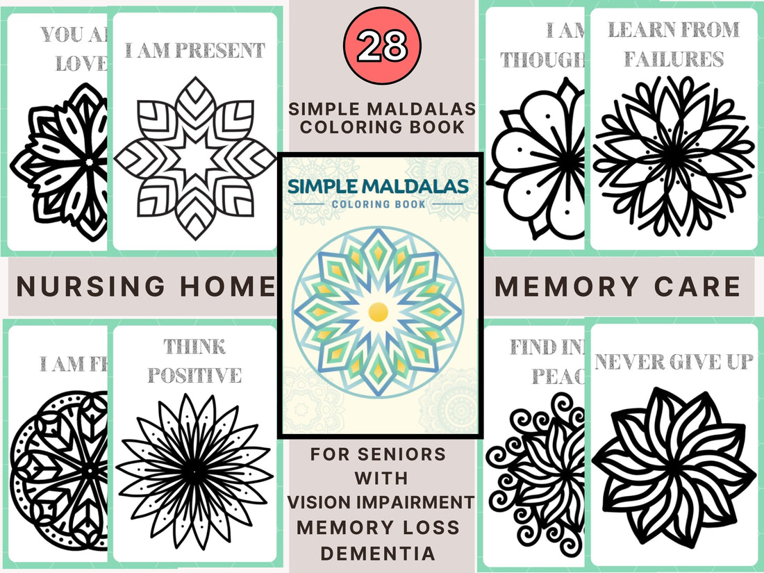 Simple mandala, Coloring Book for Seniors with Dementia, 28 coloring pages, Memory Loss, Parkinson&