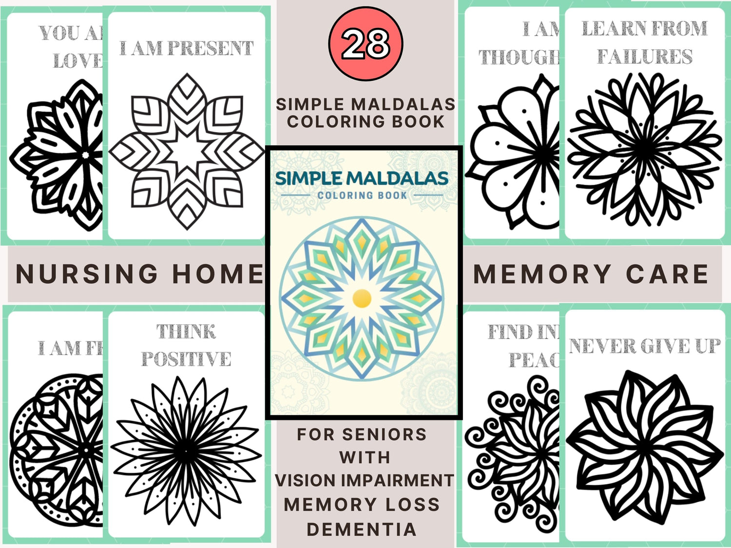 Simple mandala, Coloring Book for Seniors with Dementia, 28 coloring pages, Memory Loss, Parkinson&