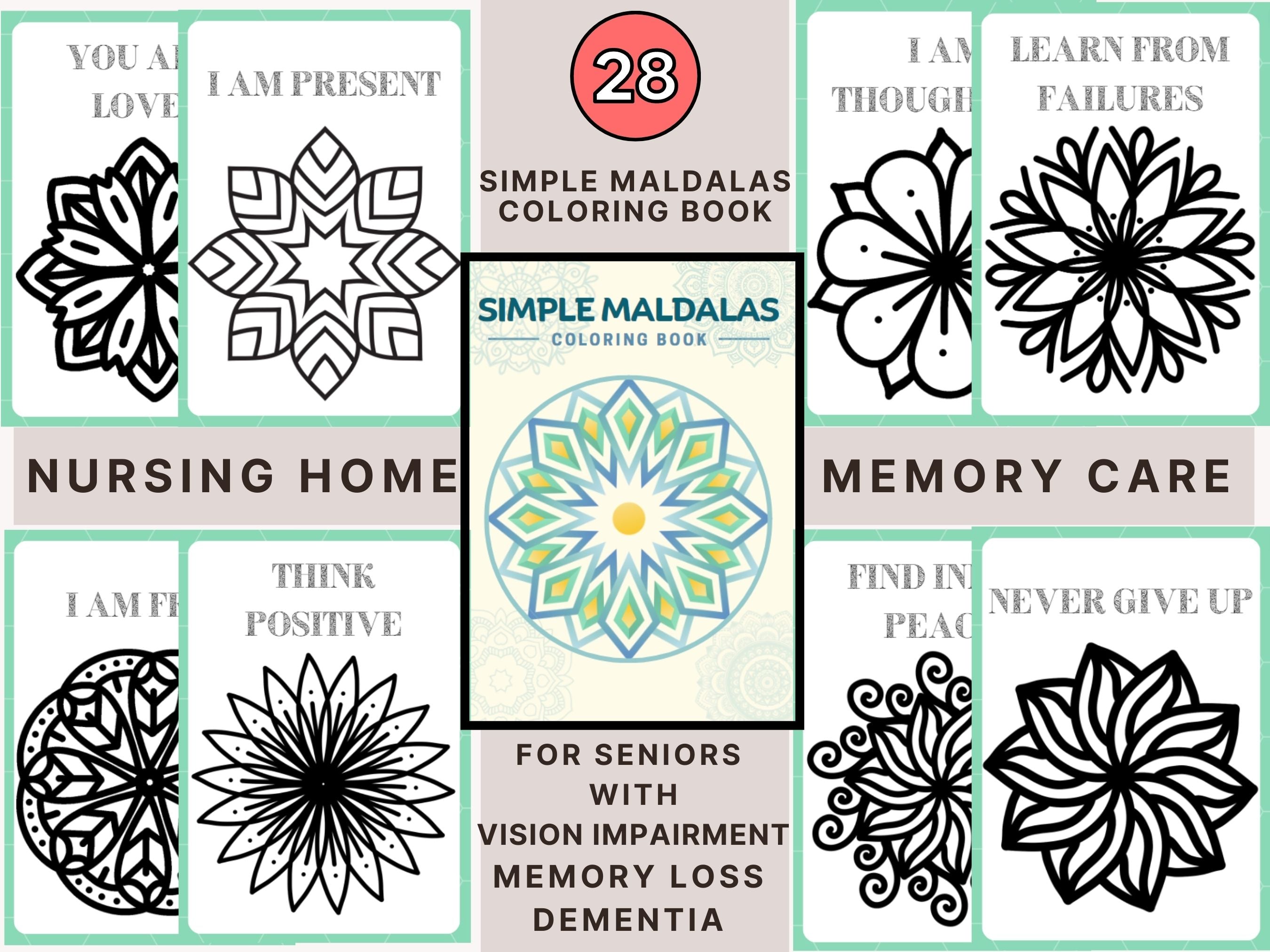 Simple mandala, Coloring Book for Seniors with Dementia, 28 coloring pages, Memory Loss, Parkinson&