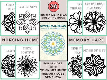 Simple mandala, Coloring Book for Seniors with Dementia, 28 coloring pages, Memory Loss, Parkinson&