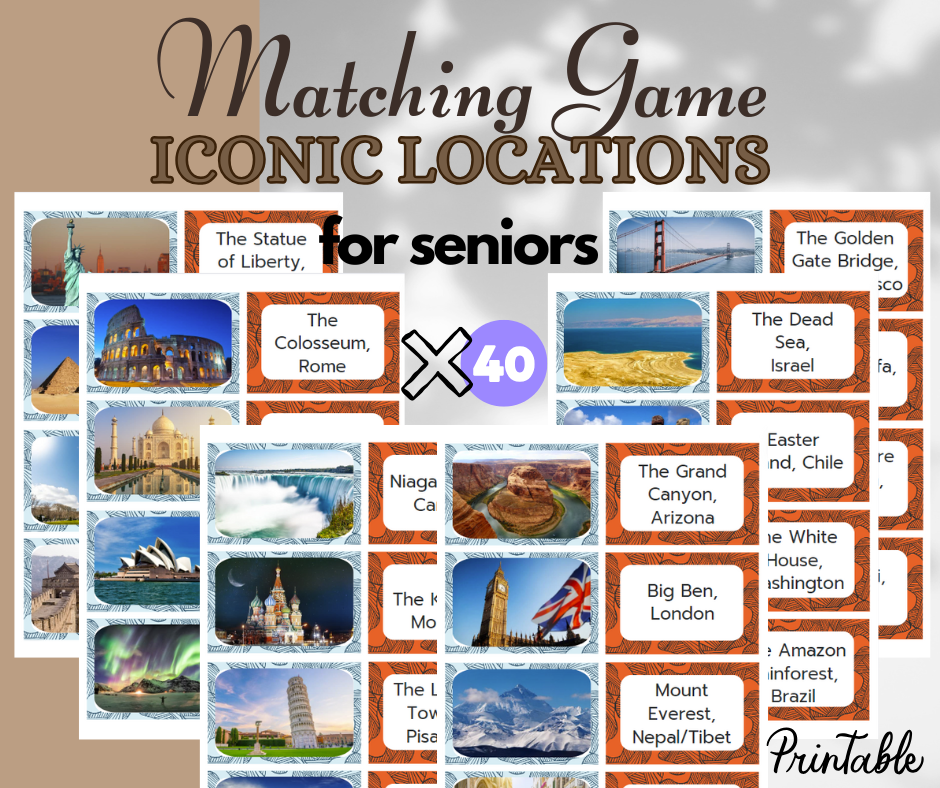 Printable Famous Landmarks Matching Game – Fun Memory Activity for Seniors &amp; Dementia Care, Brain Game for seniors, cognitive worksheets