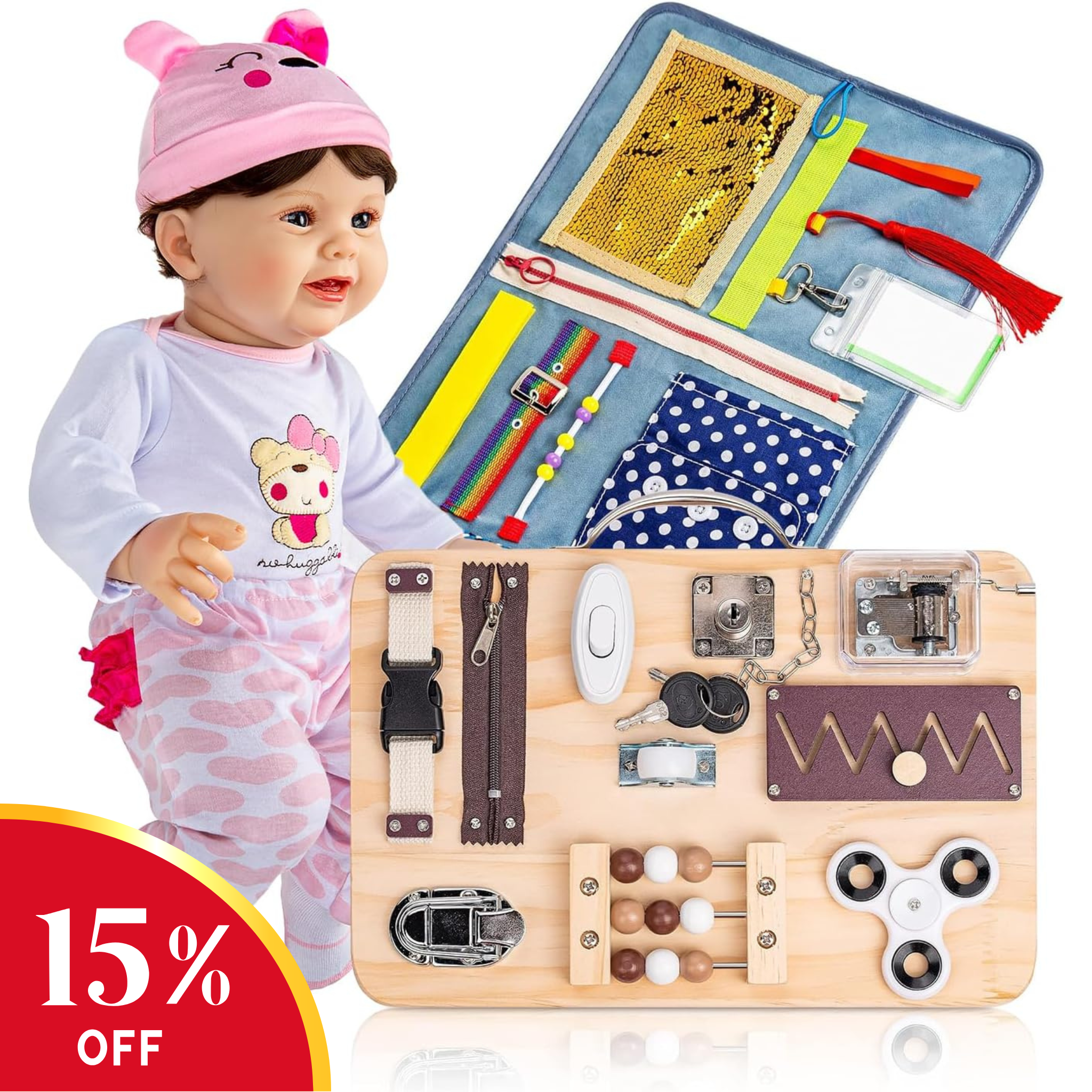 Comforting Advanced Dementia Bundle - Lifelike Therapy Doll+ Busy Board + Sensory Pad